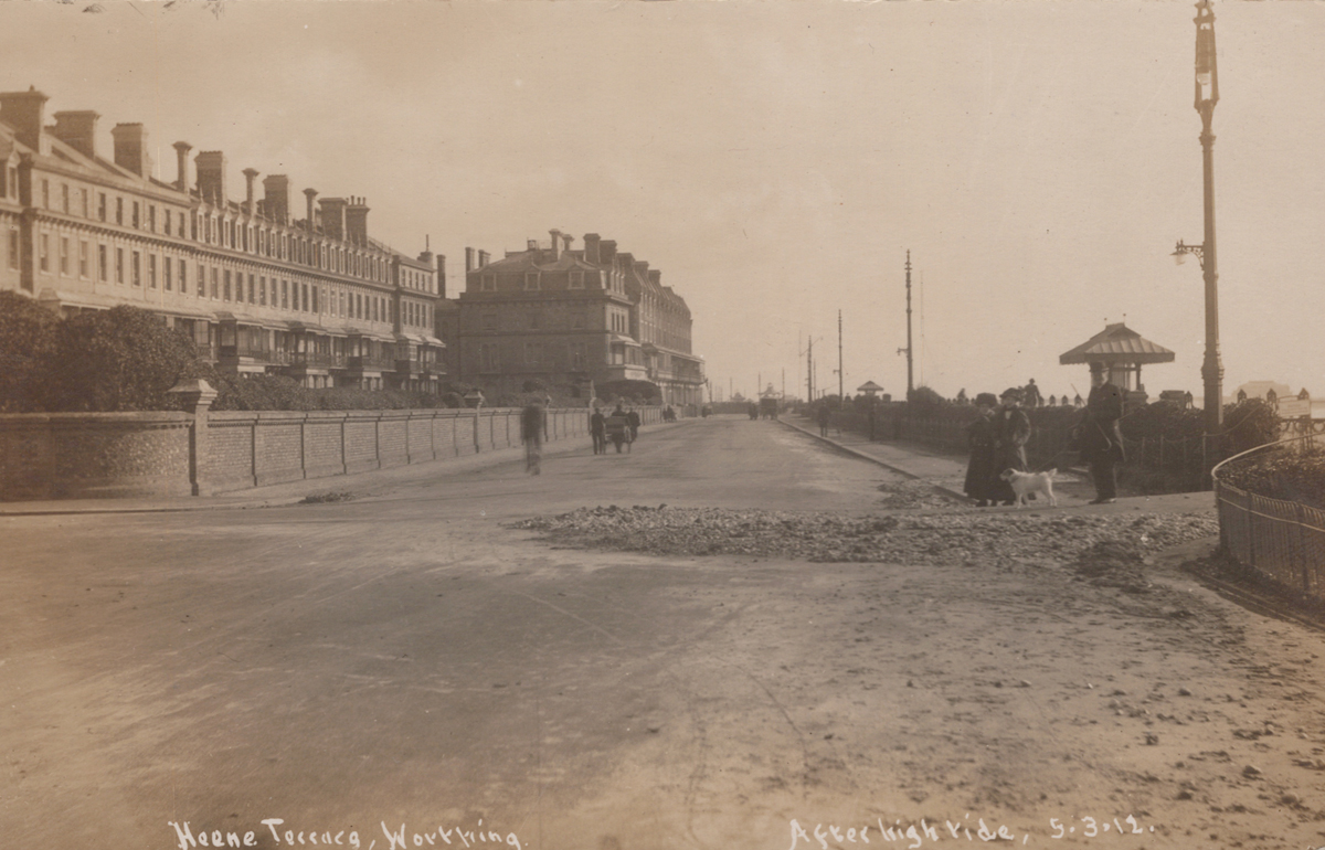 A collection of 22 postcards of disasters and extreme weather in Worthing, West Sussex, including