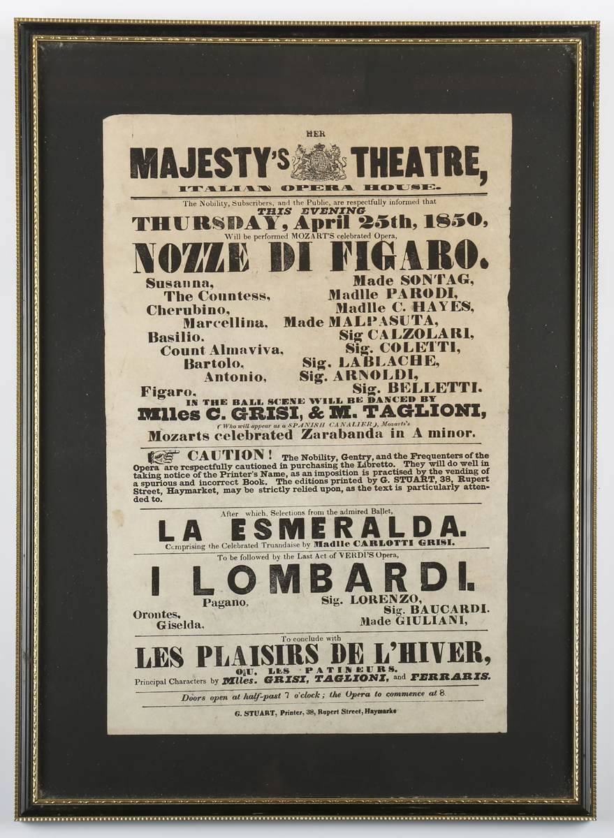 OPERA MUSIC. A Victorian playbill for Her Majesty's Theatre, Italian Opera House, London, dated