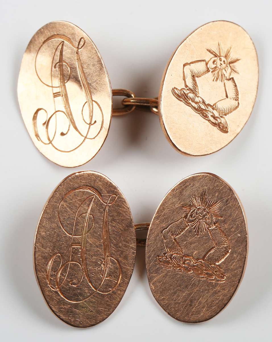 ROYALTY. A pair of 9ct gold oval cufflinks engraved with an unidentified armorial and initials, - Image 8 of 8