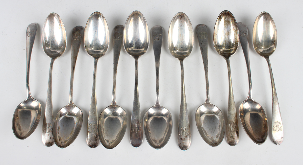 A set of twelve 19th century Austro-Hungarian silver tablespoons, each monogram engraved, maker's