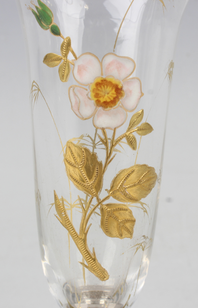 A silver and enamelled clear glass posy vase, the slender glass body enamelled and gilt with a - Image 3 of 3