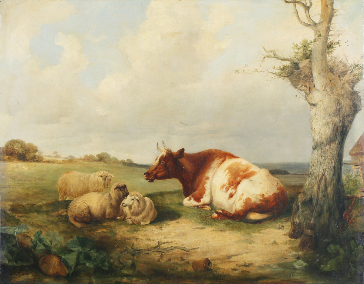 Circle of Thomas Sidney Cooper - Cow and Sheep in a Landscape, 19th century oil on canvas, 62.5cm