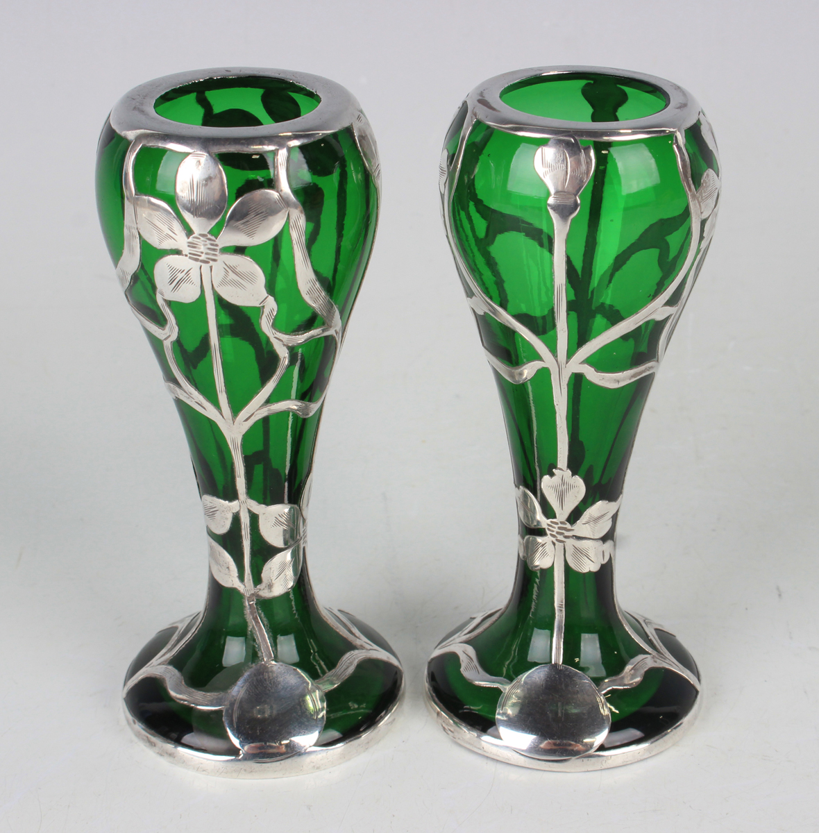 A pair of early 20th century silver overlaid green glass vases, each of slender baluster form, - Image 3 of 3