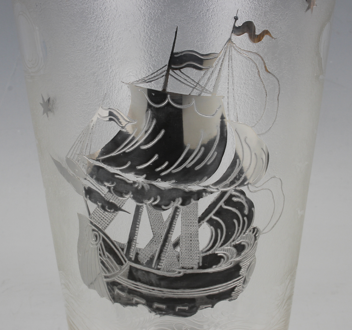 An Art Deco silver overlaid etched glass vase of cylindrical tapering form, decorated with a - Image 4 of 4