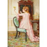 Francis Sydney Muschamp - Young Girl wearing a Pink Dress holding a Pet Canary in an Interior