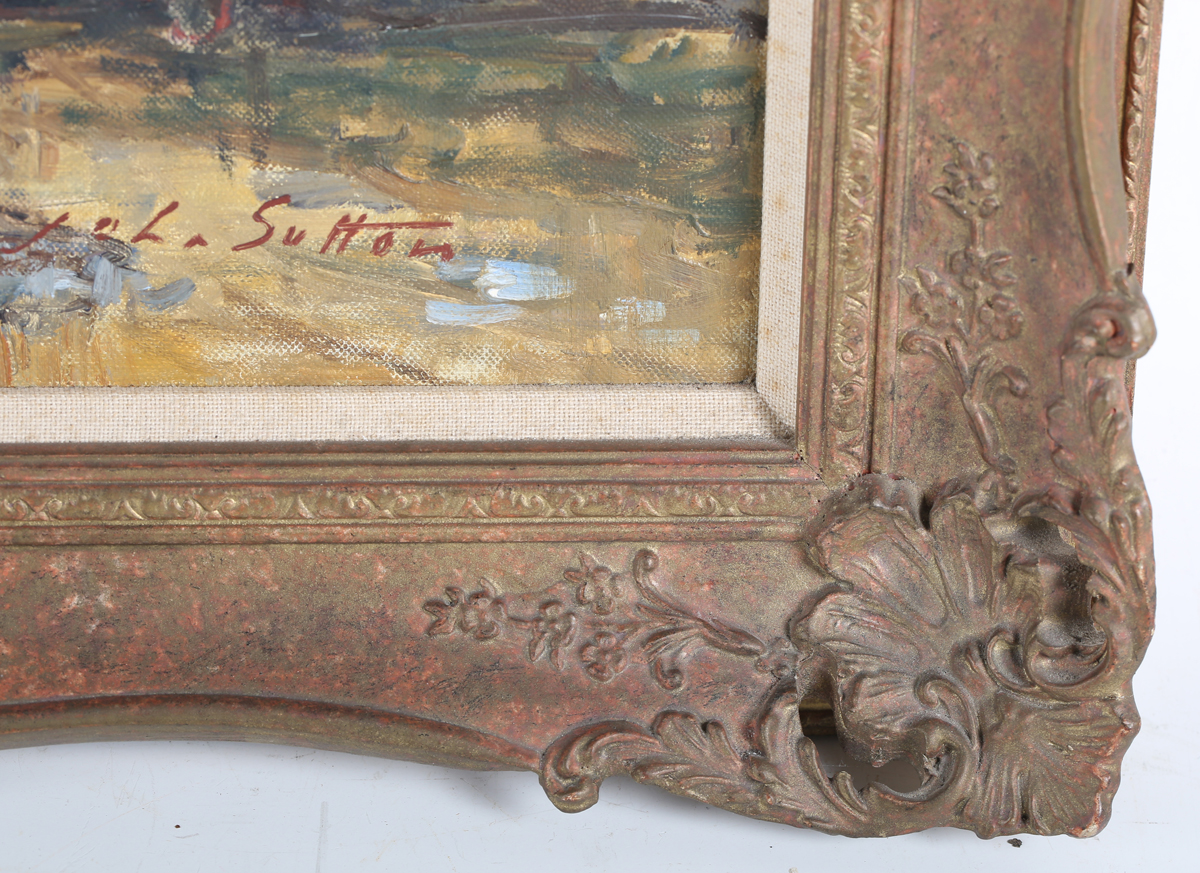 John Sutton - 'Race Day, Birdham', 20th century oil on canvas, signed recto, titled label verso, - Image 3 of 6