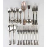 A Victorian part canteen of silver Fiddle and Thread pattern cutlery, crest engraved, comprising a