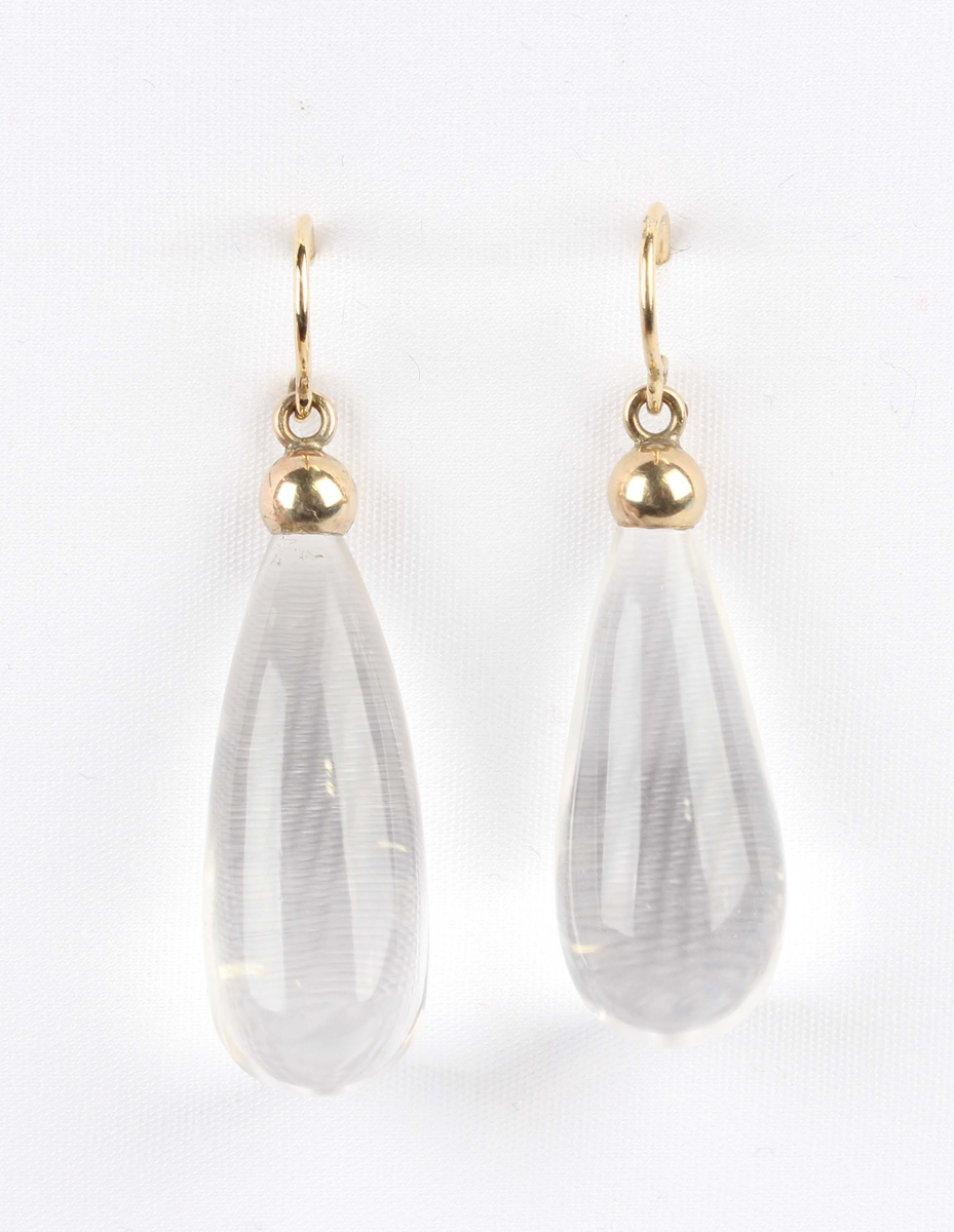 A pair of gold and rock crystal drop shaped pendant earrings, with wire fittings, unmarked, weight - Image 2 of 2