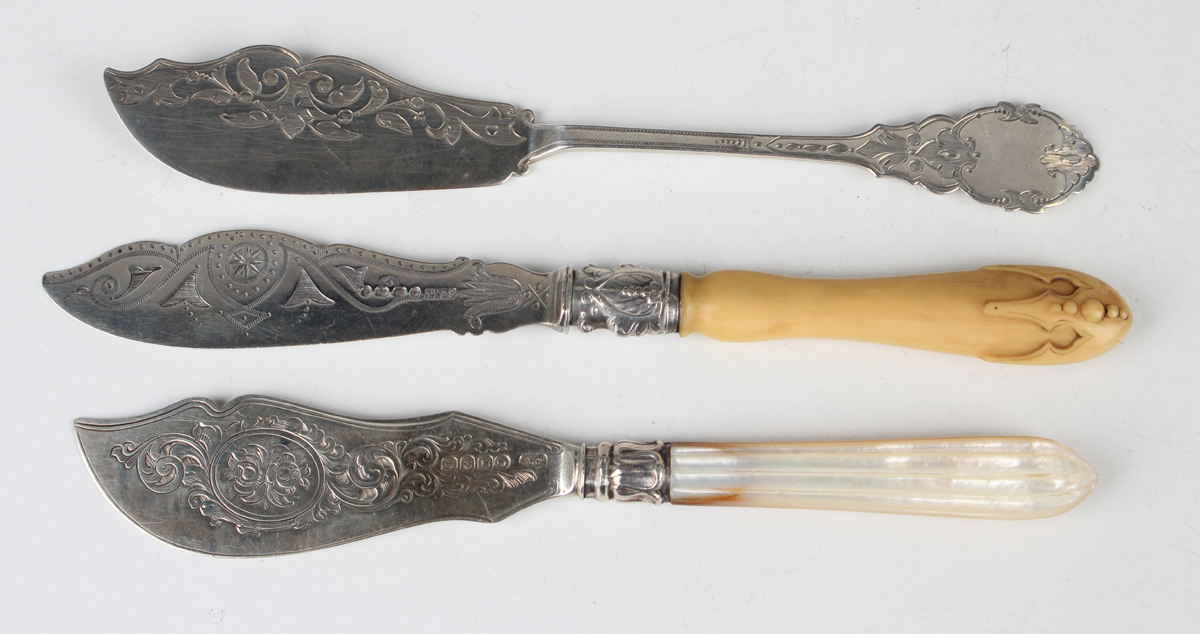 A Victorian silver and mother-of-pearl handled butter knife with engraved decoration, Birmingham