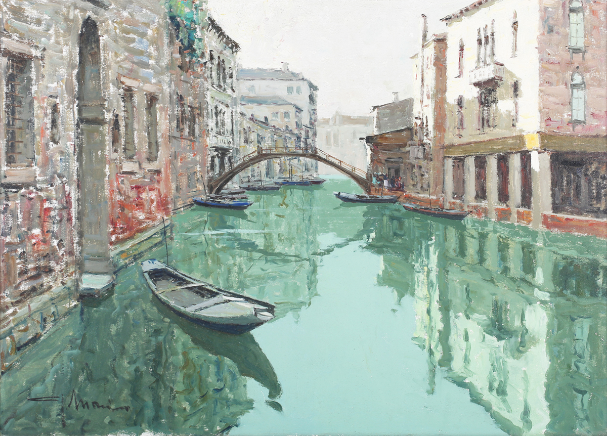 Giuseppe Marino - Canal Scene with Gondola, Venice, 20th century oil on canvas board, signed, 49.