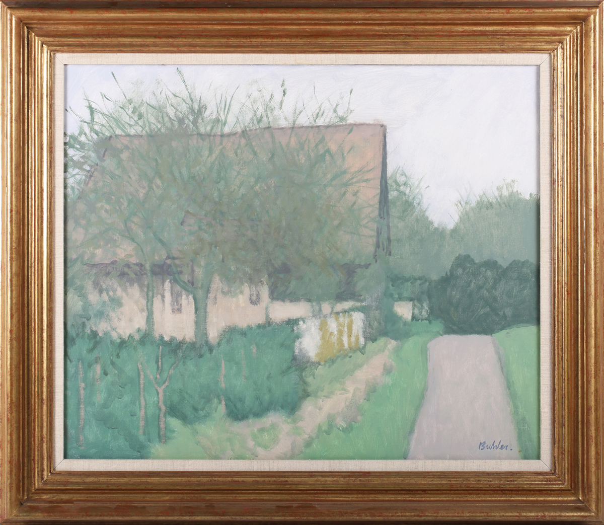 Robert Buhler - 'Bridge Farm, West Sussex', 20th century oil on canvas, signed recto, titled label - Image 4 of 4