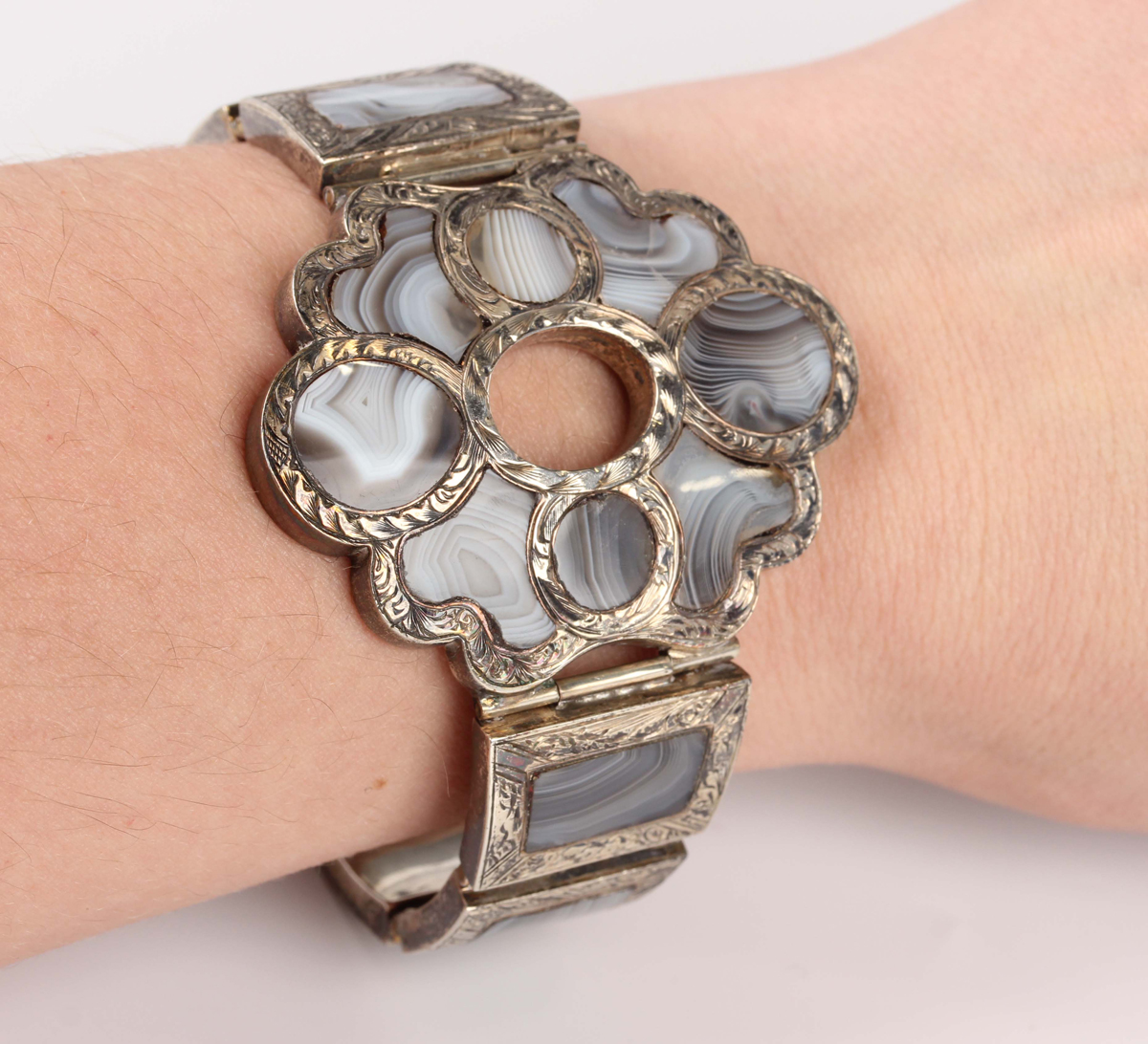 A silver and banded grey agate bracelet, circa 1900, probably Scottish, the centre in a shaped - Image 2 of 4