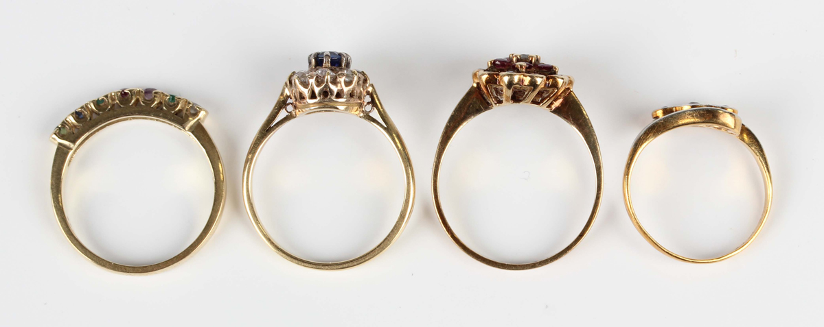 A gold, sapphire and diamond oval cluster ring, unmarked, weight 2.9g, ring size approx N, a gold, - Image 2 of 4