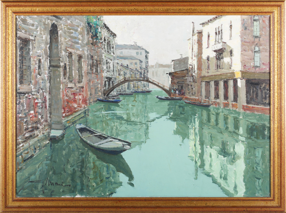 Giuseppe Marino - Canal Scene with Gondola, Venice, 20th century oil on canvas board, signed, 49. - Image 2 of 5