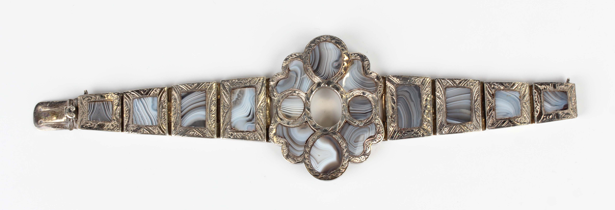 A silver and banded grey agate bracelet, circa 1900, probably Scottish, the centre in a shaped - Image 3 of 4