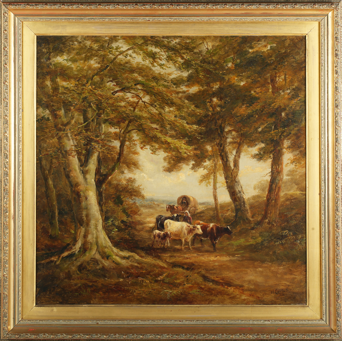 Henry Earp Senior - Cows, Figure and Horse-drawn Wagon on a Tree-lined Country Lane, 19th century - Image 5 of 5