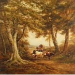 Henry Earp Senior - Cows, Figure and Horse-drawn Wagon on a Tree-lined Country Lane, 19th century