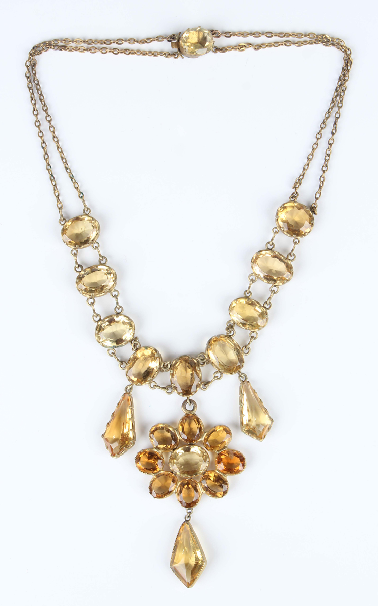 A gilt metal and citrine pendant necklace, length 41.5cm, a single row necklace of graduated - Image 3 of 3