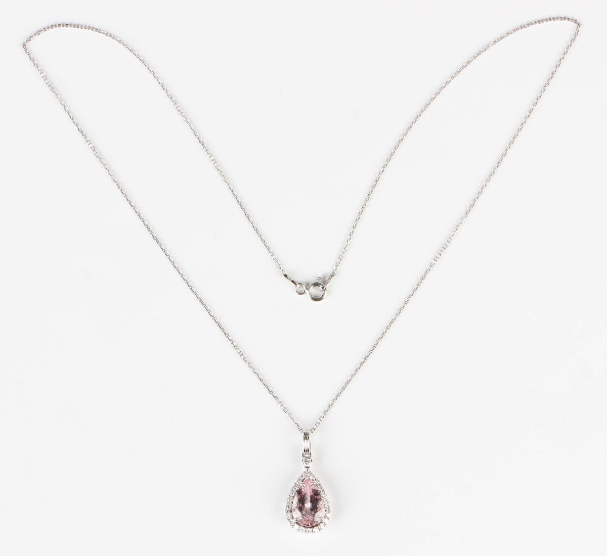 A white gold, morganite and diamond cluster pendant, claw set with a pear shaped morganite within - Image 3 of 3