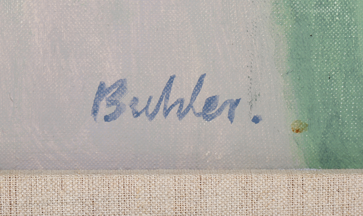 Robert Buhler - 'Bridge Farm, West Sussex', 20th century oil on canvas, signed recto, titled label - Image 3 of 4