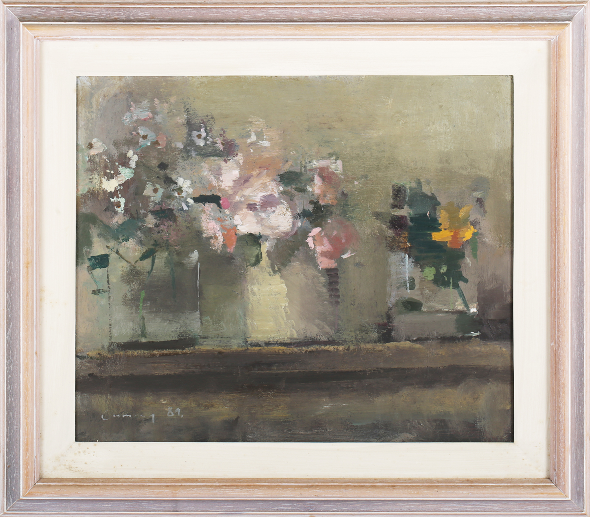 Fred Cuming - 'Roses 1', 20th century oil on board, signed and dated '89 recto, titled to Jonleigh - Image 4 of 4