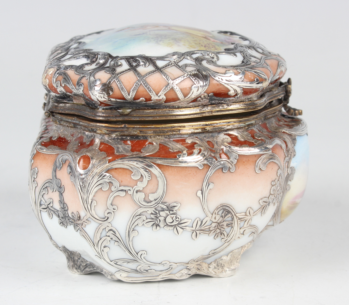 A late 19th/early 20th century German porcelain and silver overlay box, the hinged lid painted - Image 8 of 10