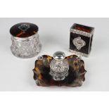 A late Victorian silver mounted cut glass and tortoiseshell inkstand, the central globular cut glass