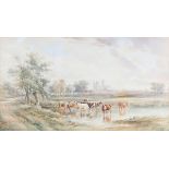 Henry Earp Senior - Distant View of Canterbury Cathedral with Cattle watering in the foreground,