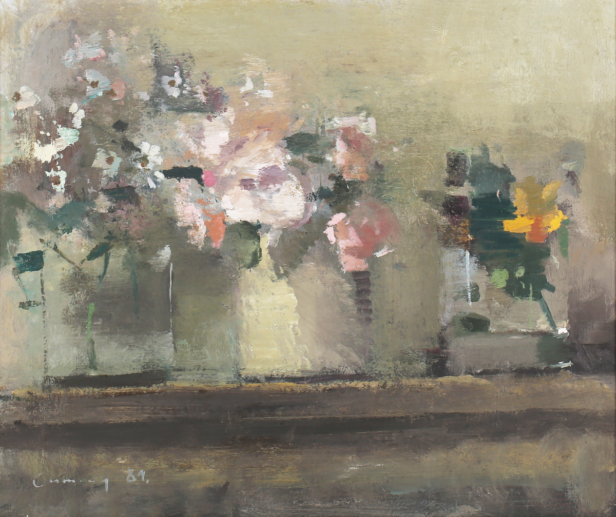 Fred Cuming - 'Roses 1', 20th century oil on board, signed and dated '89 recto, titled to Jonleigh