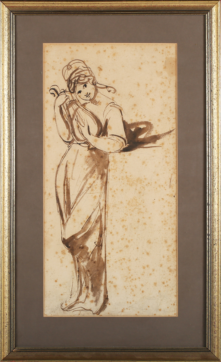 George Romney - Study of a Lady with a Lyre, 18th century pen and brush with ink over pencil on laid - Image 3 of 3