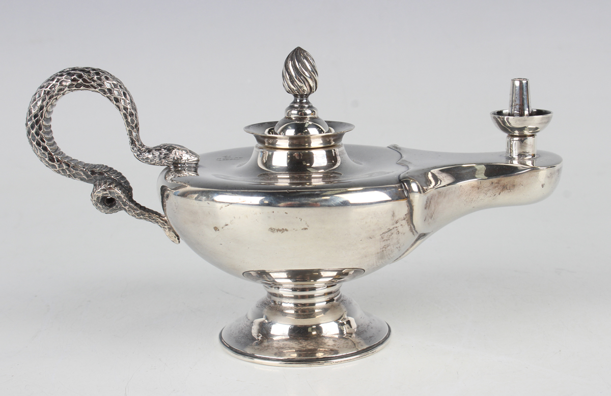 A George VI silver novelty table lighter in the form of Aladdin's lamp, fitted with a detachable