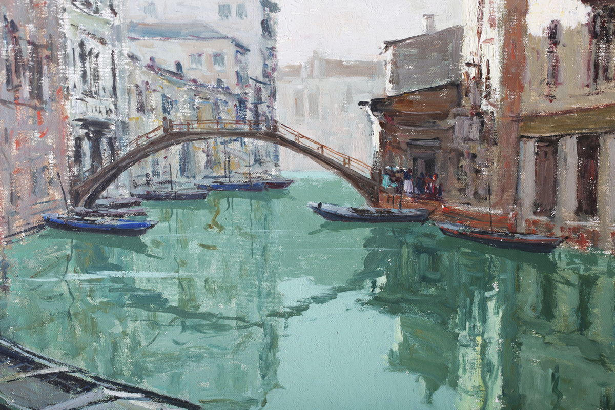 Giuseppe Marino - Canal Scene with Gondola, Venice, 20th century oil on canvas board, signed, 49. - Image 4 of 5