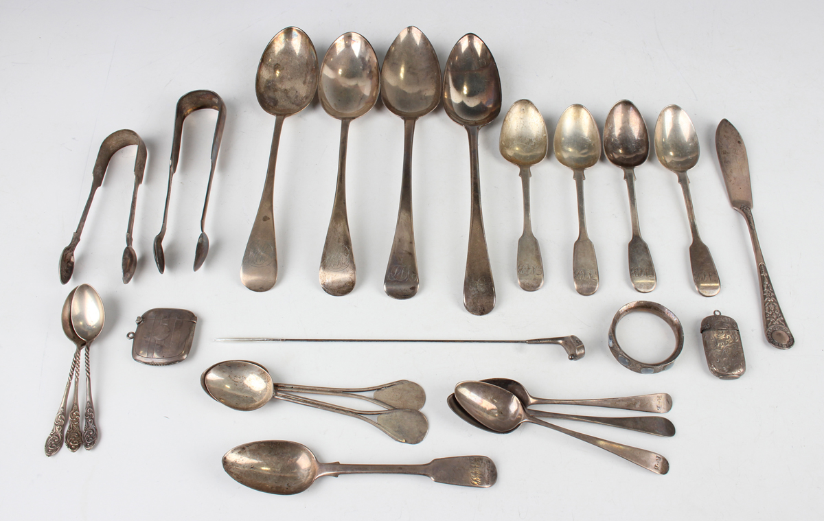 A group of silver cutlery, including four Old English pattern tablespoons, a set of four Fiddle