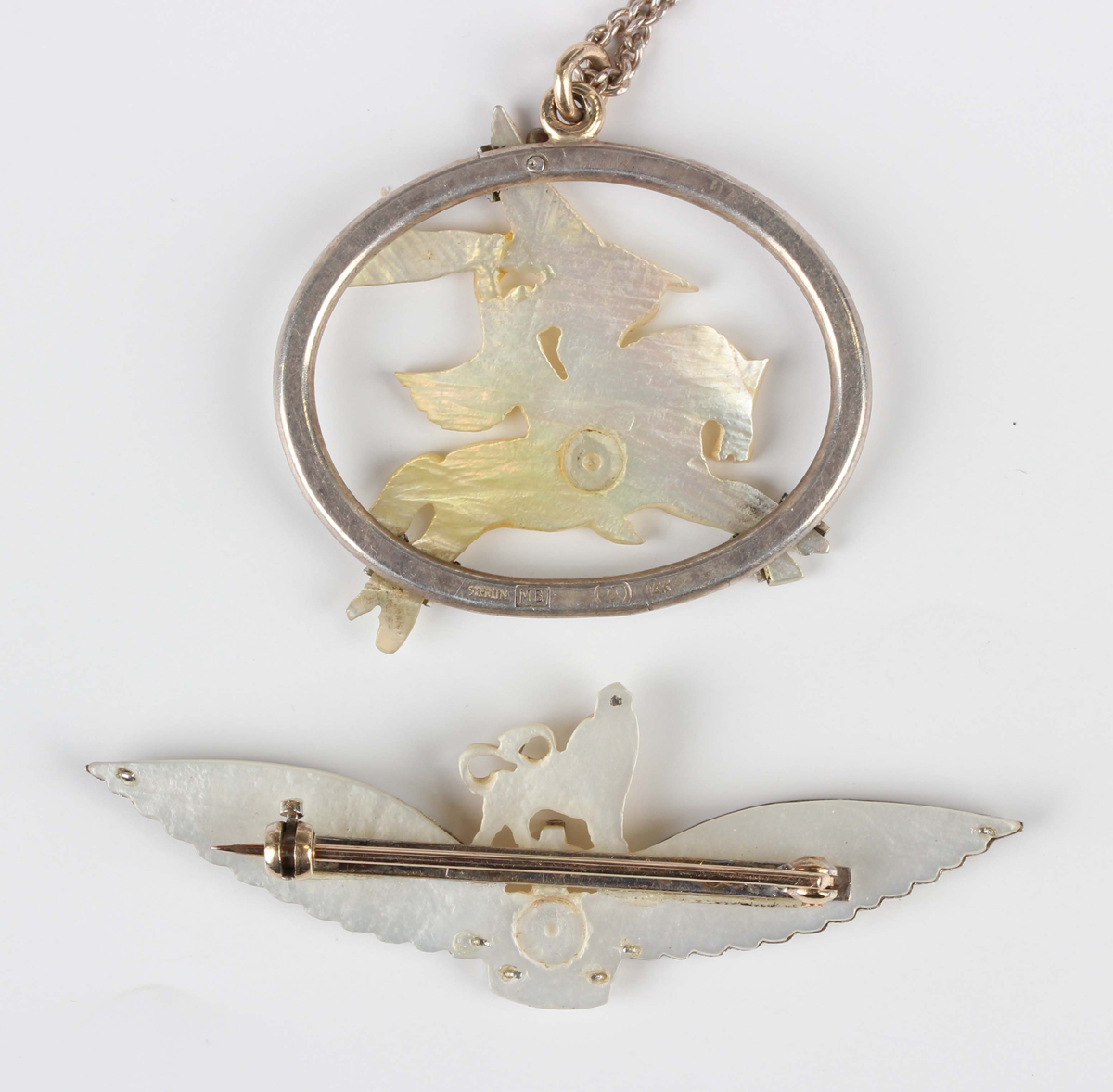 A white gold, diamond and mother-of-pearl military brooch, designed as the wings of the Army Air - Image 2 of 3