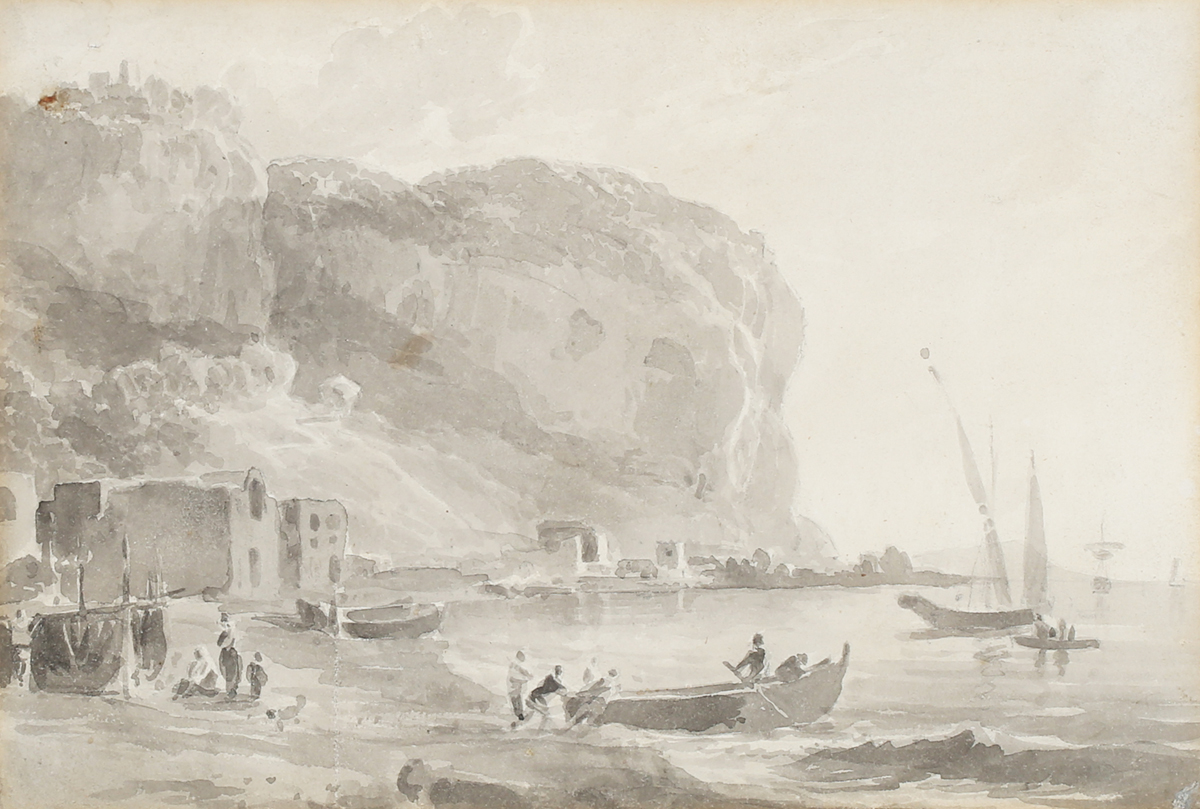 William Marlow - 'Below Posilippo', 18th century monochrome watercolour wash over pencil, artist's