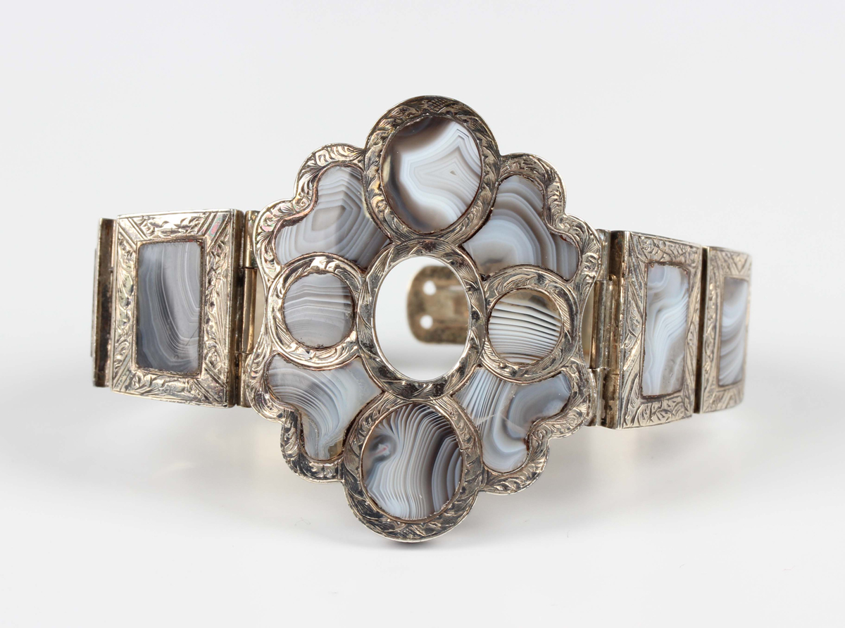 A silver and banded grey agate bracelet, circa 1900, probably Scottish, the centre in a shaped