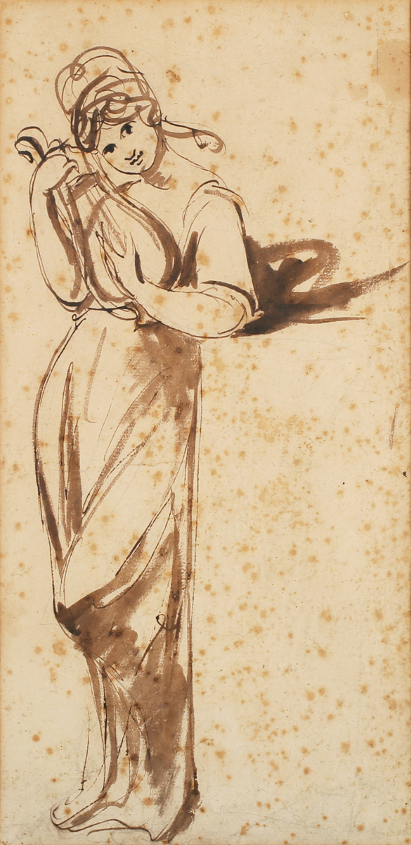 George Romney - Study of a Lady with a Lyre, 18th century pen and brush with ink over pencil on laid