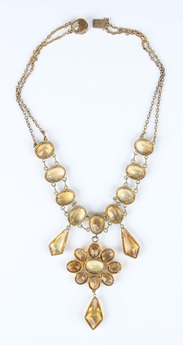 A gilt metal and citrine pendant necklace, length 41.5cm, a single row necklace of graduated - Image 2 of 3