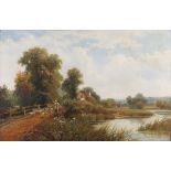 Robert Robin Fenson - Fenland Landscape with Figure and Sheep on a Bridge, oil on canvas, signed and