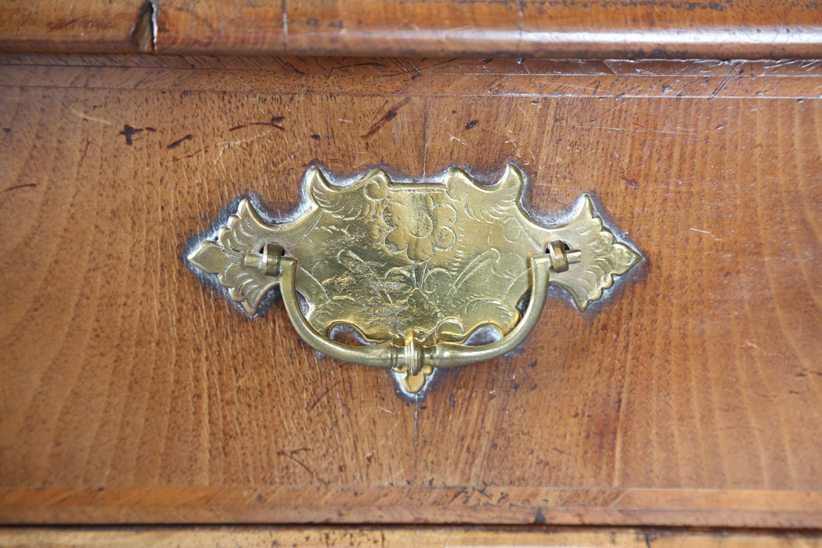 A Queen Anne 18th century style walnut chest with cross and feather banded decoration, fitted with - Image 8 of 10