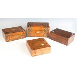 A late Victorian walnut workbox, inlaid with geometric bands, width 26cm, together with three