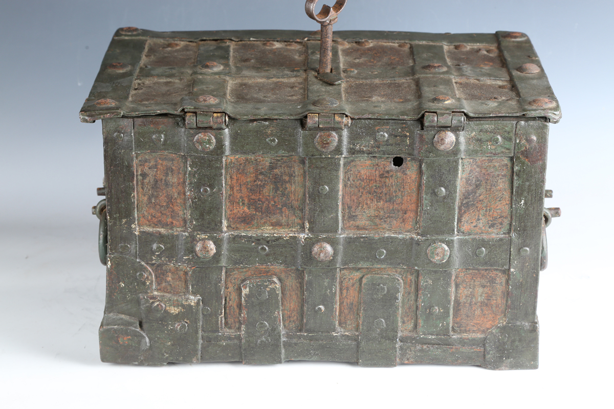 A 17th century steel Armada chest, the strapwork exterior fitted with ring handles, the interior - Image 3 of 13