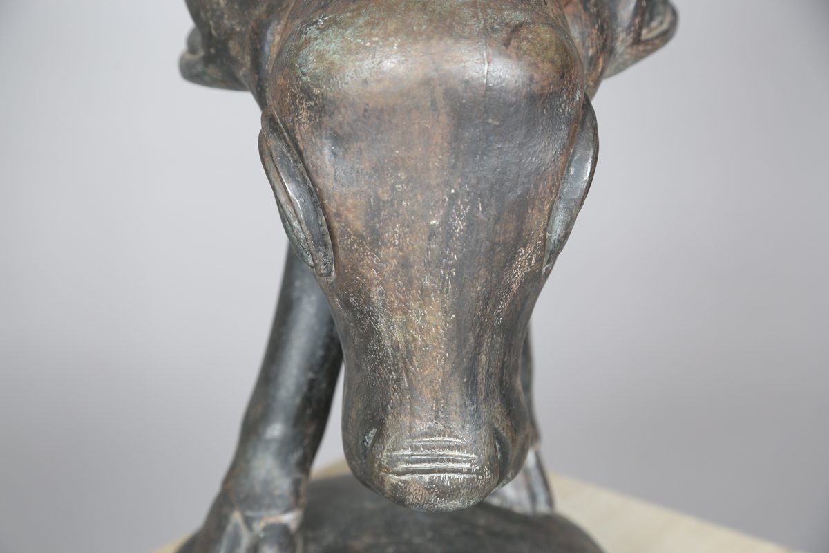 South African School - a late 20th century patinated bronze model of a young cow drinking water, - Image 12 of 20