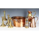 A collection of copper and brassware, including a copper pan, diameter 29cm, a Patterson miner's