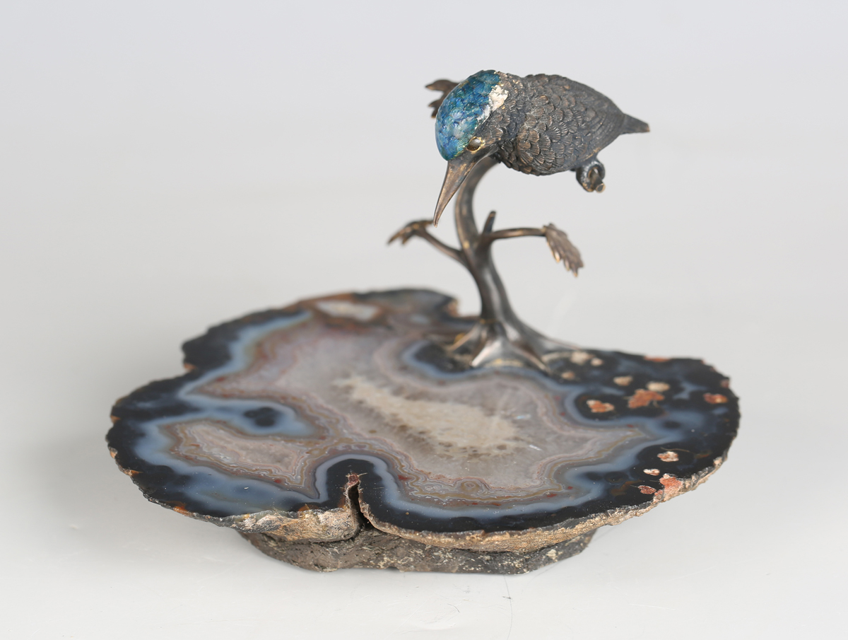 A 20th century Continental cold painted cast bronze model of a kingfisher perched on a branch,