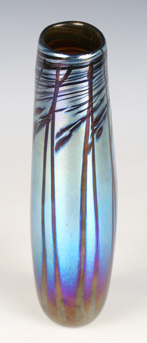 A Norman Stuart Clark iridescent studio glass vase, the elongated body decorated with stylized - Image 7 of 13