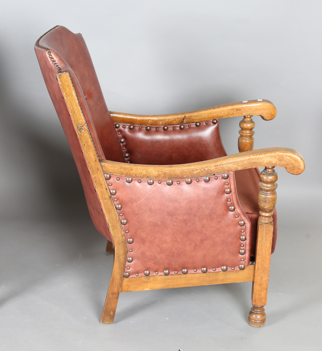 A pair of early/mid-20th century oak framed armchairs, upholstered in buttoned brown leatherette, - Image 16 of 24