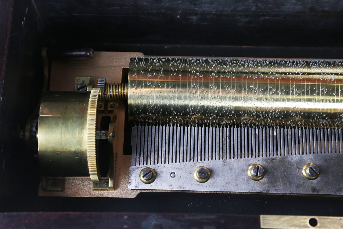 A 19th century amboyna and brass inlaid Swiss music box, the lever-wind mechanism playing a 33.5cm - Image 8 of 8