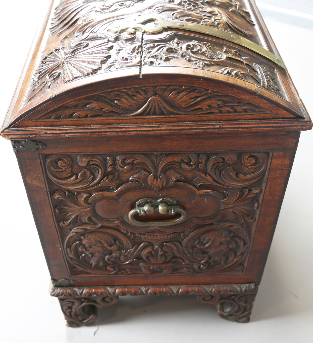 An 18th century French walnut domed trunk, finely carved with coats of arms, initials and further - Image 2 of 14