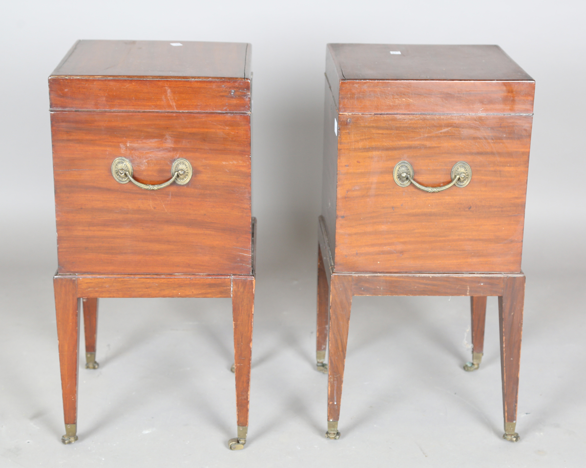 A pair of George III style mahogany wine coolers, each fitted with two brass swing handles, on - Image 4 of 9